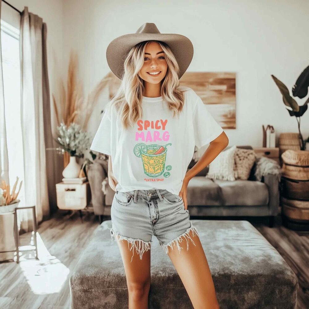 White Graphic Tee - Vintage Style Spicy Marg Design